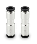 Two one quarter inch push to connect check valves made of nickel plated brass and plastic for air pneumatic systems, inline design.