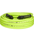 Heavy Duty 3/8 Inch Air Hose 50 Ft Lightweight Hybrid Polymer All Weather Flex From -40 To 140 Degrees Field Repairable Aluminum Fittings Abrasion Resistant Outer Cover Crush Resistant Ends ZillaGreen coiled on white background