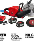 Compatible With Milwaukee M18 Fuel 18V 9 Inch Cut Off Saw with two batteries and charger, showcasing powerful cordless cutting capabilities.