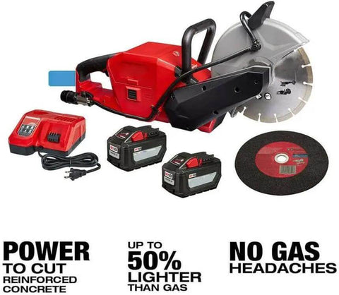 Compatible With Milwaukee M18 Fuel 18V 9 Inch Cut Off Saw with two batteries and charger, showcasing powerful cordless cutting capabilities.