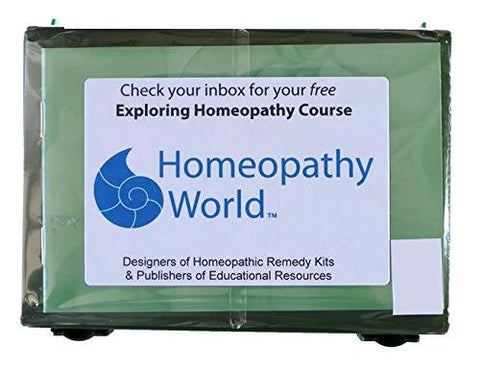 Front view of a green hard-shell Homeopathy World first aid kit