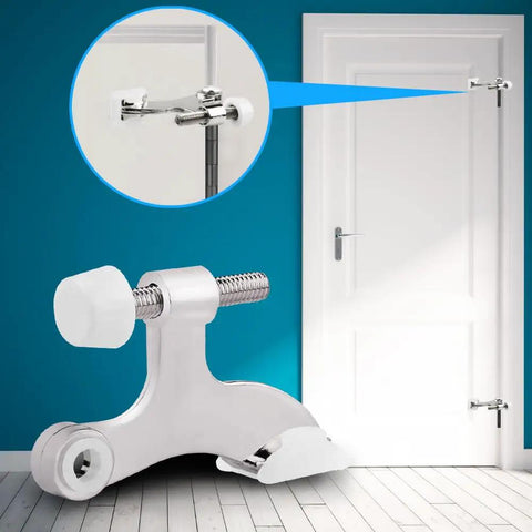 Heavy Duty Door Stops 8 Pack Adjustable Hinge Pin Metal With Rubber Bumper Tips Silver close-up showing installation on a white door.