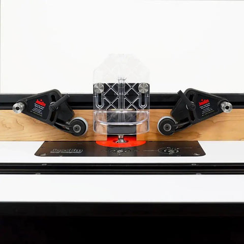 Heavy Duty Flex Stock Guides For Table Saws And Router Tables with urethane wheels and clear guard on router table setup.