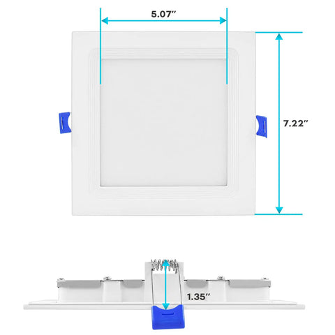 Front and side view of Ultra Thin 6 Inch Square LED Recessed Light Kit, 15W, Five Color Temperature Options 2700K To 5000K