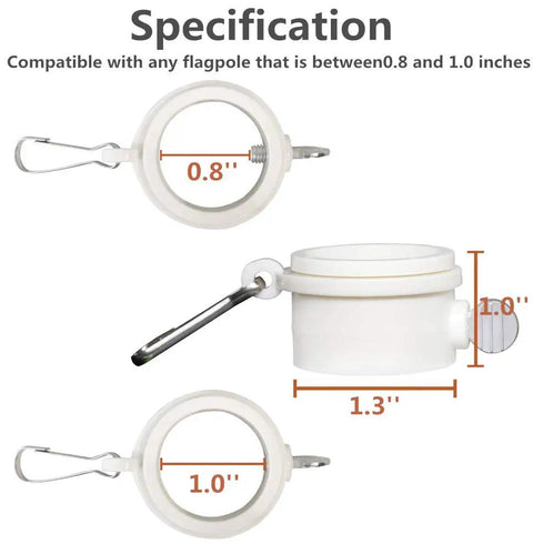 Ditch The Tangle Knot To The Curb With This Slick 360 Rotating Flag Pole Mounting Ring Clip showing size specs for 0.8 and 1-inch fit.