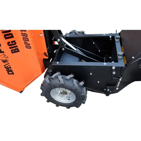 Built Tough Rock Solid Heavy Duty Electric Hydraulic Dump Cart 1100 Lb Workhorse 48 Volt Battery Powered wheel and chassis detail.