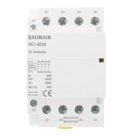 Front view of 4 Pole Modular Contactor 120V AC 40A Heavy-Duty With 4NC, DIN Rail Mount for HVAC Systems and Lighting Control