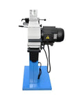 Built Tough 3HP Industrial Tube Profile Belt Grinder And Sander with 4 by 78 inch belt and motor mounted on blue base.
