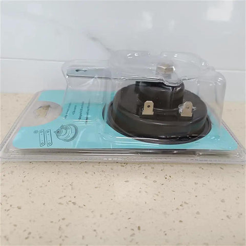 Heavy Duty 110Db 80V Electric Horn For Golf Carts, Pallet Trucks & Stacker Systems in packaging, showing mounting points and details.