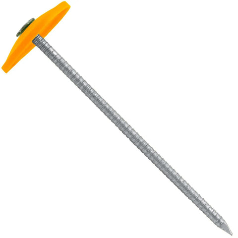 Quick Install 3 Inch Plastic Cap Ring Shank Nails For Roofing And House Wrap Sheathing Vapor Barriers Underlayment Soundproof Materials Box 1.2 Pounds Big Time Strength, showing plastic cap and galvanized shank.