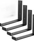 Heavy Duty Industrial L Brackets Set Four Black Corner Supports With Upward Hooks For Wall Mounted Shelving, 8.1 x 5.9 inches.