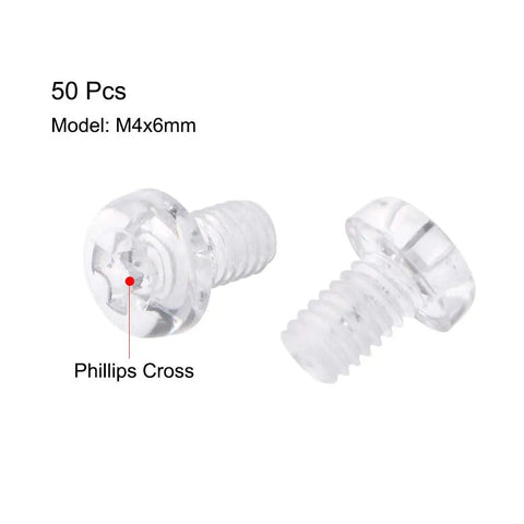 Transparent Plastic M4x6mm Hardware Screws With Phillips Cross Pan Head For Acrylic And PC Builds Smooth As Butter 50 Piece Set close-up view of screws