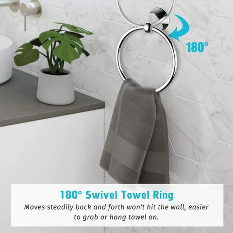 Chrome 4 Piece Bathroom Accessory Set with Adjustable Towel Bar, Spring Loaded Toilet Paper Holder, Wall Mounted Towel Ring and Double Robe Hook - Heavy Duty Zinc Alloy Hardware Must Have for Any Modern Bath includes wall mounted towel ring with towel.