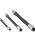 Three-piece flexible socket extension bar set with chrome finish, drill compatible for tight spots and narrow angles.