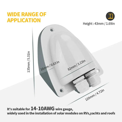 Solar Double Cable Entry Gland for RV Roof and Marine Installations, Easy Mount, Gray waterproof junction box with measurements