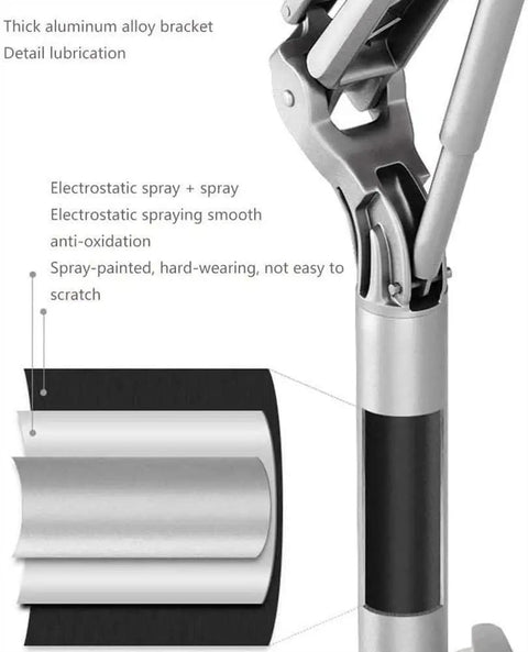Detail of the aluminum alloy bracket and lubrication for the Game Changer Height Adjustable Standing Desk With Silky Gas Lift And Ultra Quiet Lockable Rubber Wheels.