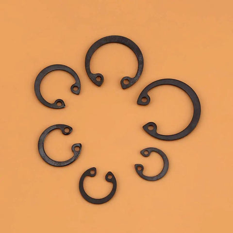 Six Size C Clips Snap Ring Assortment Kit 11mm To 21mm displayed in a circle on orange background