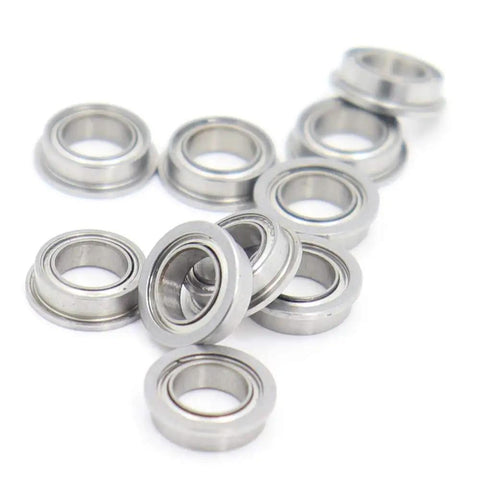 Ten Pack Stainless Steel Flanged Ball Bearings SMF85ZZ Double Shielded Deep Groove Precision Bearings 5x8x2.5mm on white background.