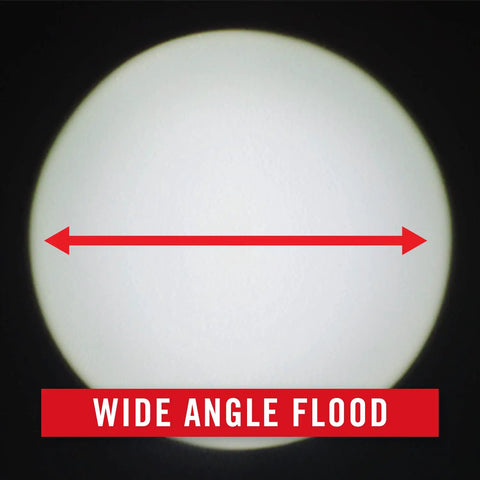 Wide angle flood beam of High-Output LED Work Light With 3900 Lumen Rechargeable Dual-Power Clamp, Heavy-Duty Black And Red Finish