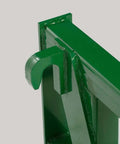 Close-up of Euro Global Hay Frame With 49 Inch Spear And Stabilizers For John Deere Tractors, showing green mounting detail.