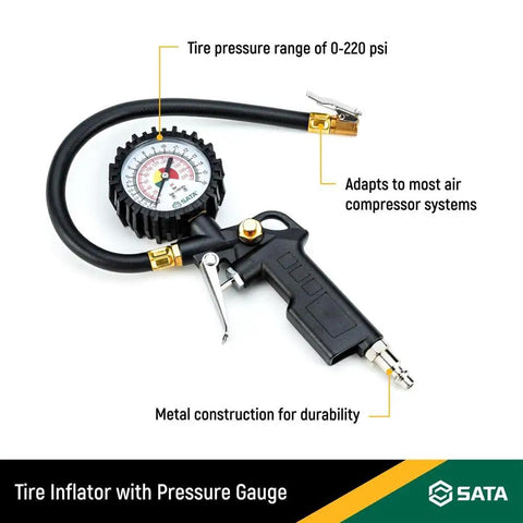 Heavy Duty Tire Inflator With Pressure Gauge For Cars And SUVs, Durable Metal Construction, 0 To 220 PSI Range, Adapts To Most Air Compressor Systems, Universal Tire Inflator Tool For Quick On The Go Tire Pressure Checks shown with labeled features.