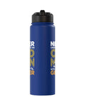 Blue insulated stainless steel water bottle with text for sailplane pilot dads and glider club fans, leak proof lid shown