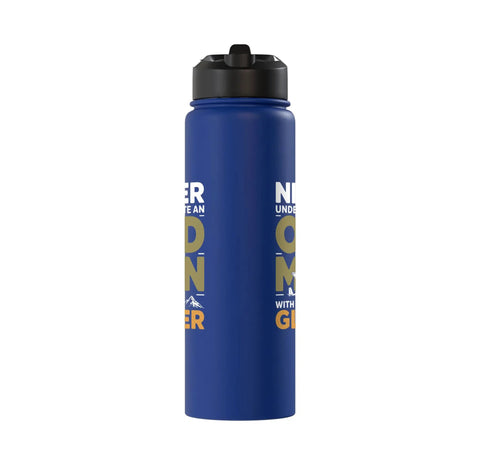 Blue insulated stainless steel water bottle with text for sailplane pilot dads and glider club fans, leak proof lid shown
