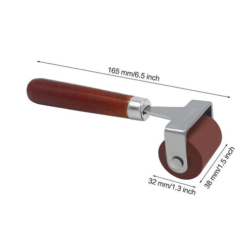 Soft Rubber Brayer Roller With Wooden Handle for Printmaking and Inking Blocks, shown with dimensions, smooth ink roller for carved surfaces.