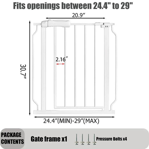 Narrow Baby Gate 24.4 To 29 Inches, Pressure Mounted No Drill, Dog Gate For Stairs And Doorways, white metal, easy install