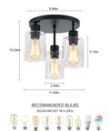 Three Light Industrial Farmhouse Black Matte Ceiling Light Fixture With Clear Glass Shades Semi Flush Mount dimensions and bulb types