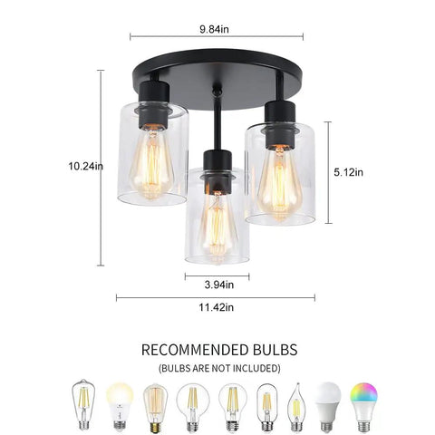 Three Light Industrial Farmhouse Black Matte Ceiling Light Fixture With Clear Glass Shades Semi Flush Mount dimensions and bulb types