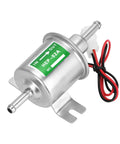 12V Heavy Duty Inline Fuel Pump For Lawn Mowers And Cars Universal Low Pressure Transfer Pump For Gas And Diesel Engines Built From Copper Clad Aluminum Corrosion Resistant Durable Performance Ready Silver Finish.