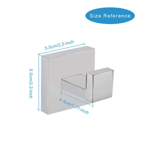 Heavy Duty Stainless Steel Coat And Towel Hooks 304 Rustproof Square Wall Mounted Modern Hooks For Bathroom And Kitchen Polished Chrome Finish 2 Pack Built To Last And Multi Purpose Hangers For Towels Coats Bags Keys, displaying size dimensions.