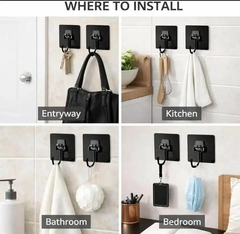 Image showing Heavy Duty Wall Hanger Hooks No Drill Setup Durable Black Interior Storage Mounts For Coats Hats Bags And Toolboxes in various home settings.