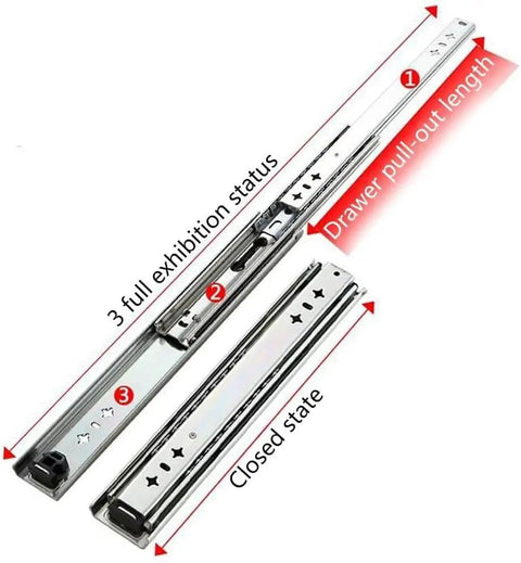 Heavy Duty Full Extension Ball Bearing Drawer Slides Zinc Plated Steel Cabinet Runners showing pull-out length and closed states.