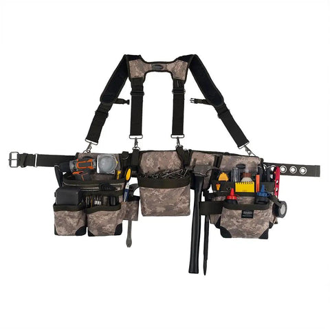 Three Bag Tool Bag Set With Suspenders In Digital Camo, Heavy Duty LoadBear Stretch Suspension, Barrel Bottom Pouches visible