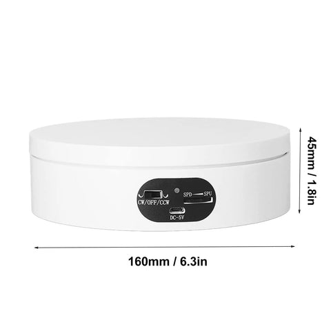 Motorized 360 Degree Rotating Turntable Stand For Jewelry Photography, white, 160mm diameter, 45mm height view with controls.