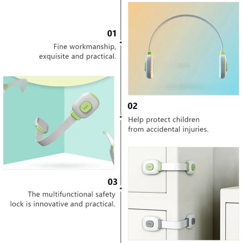 Childproof Cabinet Locks 4 Pack With Adhesive Backing Safe Green ABS and PE Straps for cabinets and drawers to keep kids out