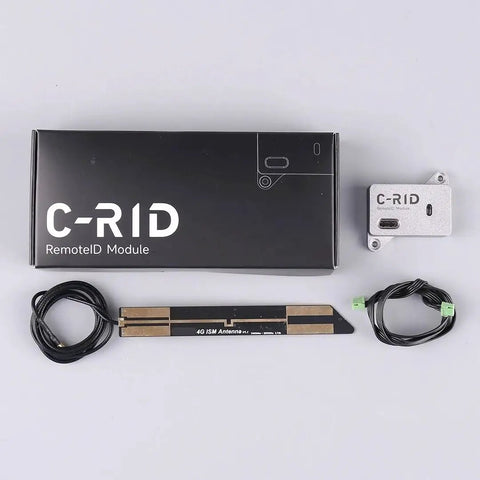 Remote ID Broadcast Module For Drones With DroneCAN And UART Support, shown with antenna and cables for UAV airspace compliance.