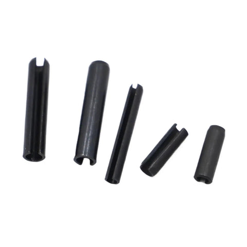 Heavy Duty Slotted Spring Pins Set in Steel Straight Elastic Dowel Cotter Pins for Vibration Resistance, sizes M1.5 to M8.