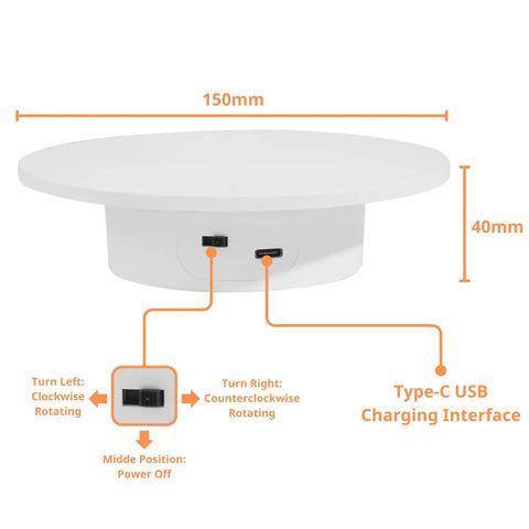 Motorized Rotating Display Stand The Go To For Jewelry, Crafts And Collectibles, 5.9 Inch Diameter Platform dimensions and controls