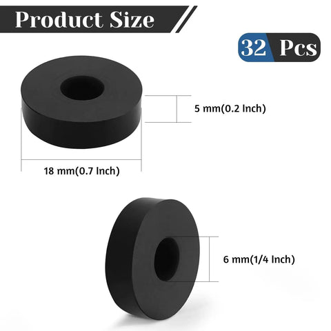 Rock Solid Black Rubber Spacers For Home Improvement, 32 Pack: dimensions for heavy-duty washer bumpers, 18mm outer, 5mm thickness.