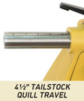 Side view of yellow woodworking lathe tailstock with silver quill and 4-1/2 inch travel scale
