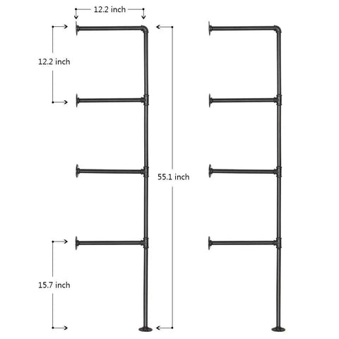 Industrial Style Wall Mount Pipe Shelf Kit Black 4 Tier Open Bookshelf DIY Iron Pipe Shelving System Two Pack assembly dimensions