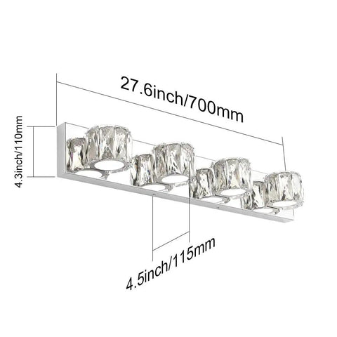 Four Light Crystal Vanity Light Bar Over Mirror Modern LED Bathroom Fixture 5500K White 24W 27.6 Inch Long 4.3 Inch Wide 4.5 Inch Extension Stainless Steel With K9 Crystal For Bright Bath Vanity Lighting