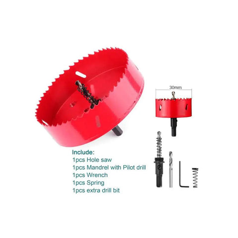 Heavy Duty HSS Bi-Metal Hole Cutter Set 1-3/16 Inch 30mm with pilot drill, 4 inch hole saw arbor, replacement drill bit, and hex key.