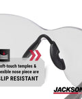 Detail of soft-touch temple and flexible nose piece on Top Tier Frameless Safety Glasses With Anti Fog Smoke Lenses.