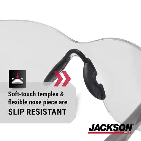 Detail of soft-touch temple and flexible nose piece on Top Tier Frameless Safety Glasses With Anti Fog Smoke Lenses.
