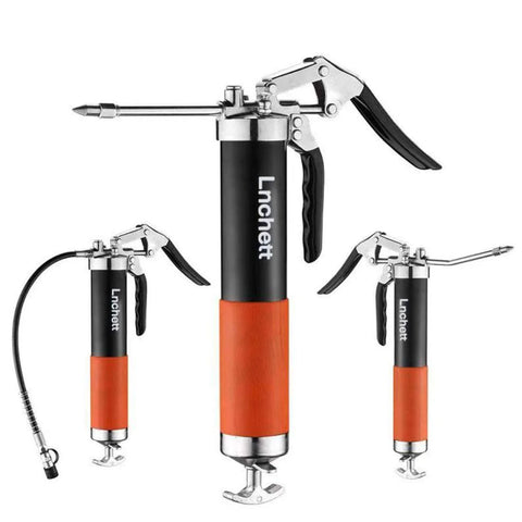 Lnchett grease gun set with orange grip and black body, metal head and trigger (multi-view)