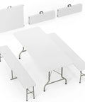 White Folding Picnic Table Set With 2 Benches, 6 Feet Portable Outdoor Indoor Table And Chair Set shown folded and unfolded